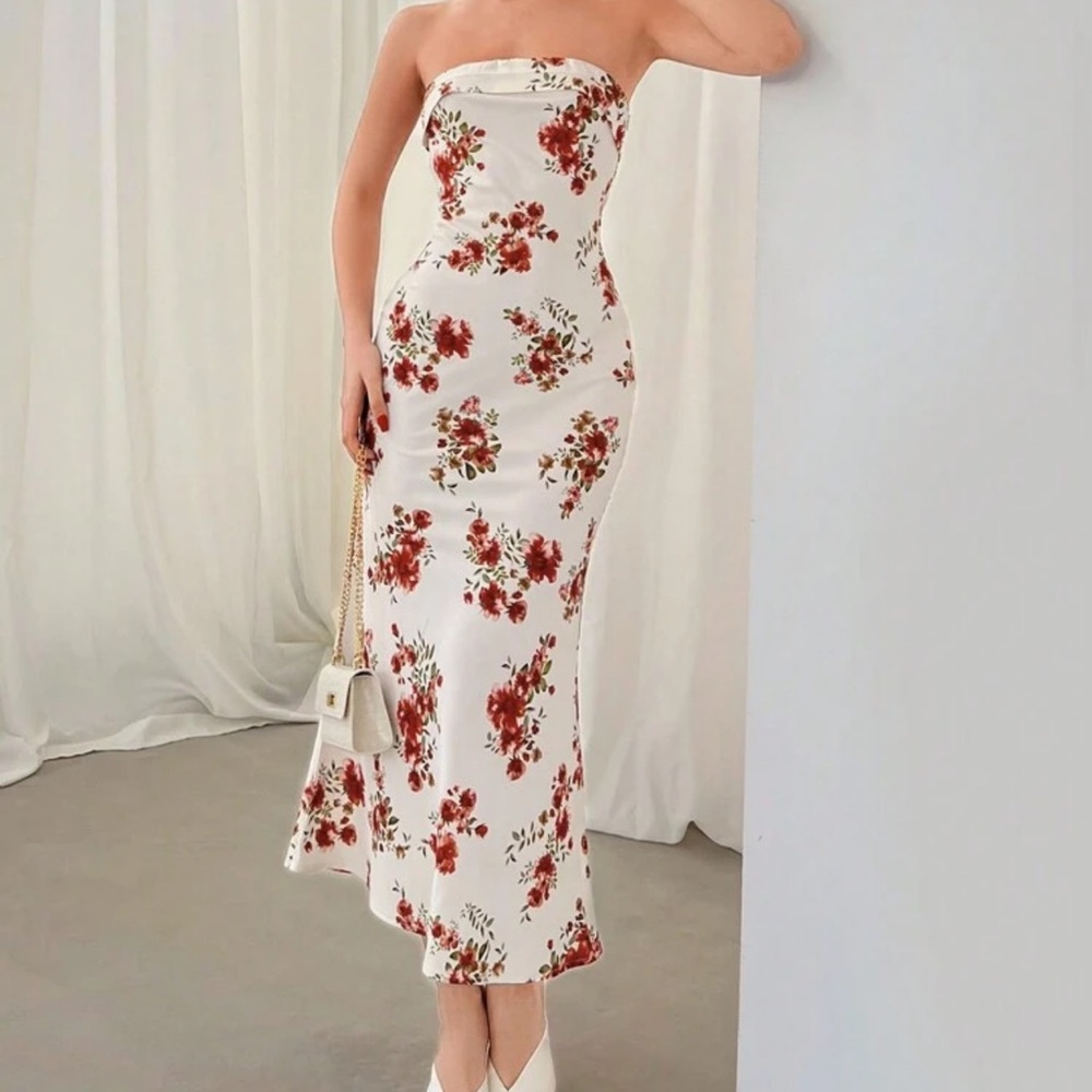 Shein Floral Print White & Red Draped Backless Strapless Long Tube Dress Summer